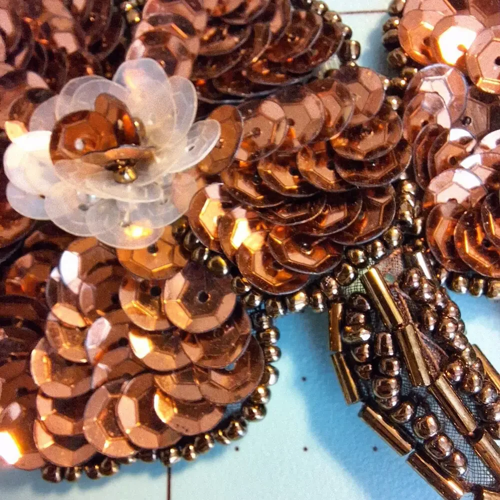 Bronze and clear iridescent sequin and bead triple flower applique set of 2